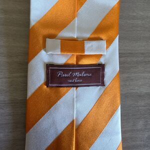 Paul Malone Red Line 100% Silk Necktie, Orange & White Stripes, Handmade